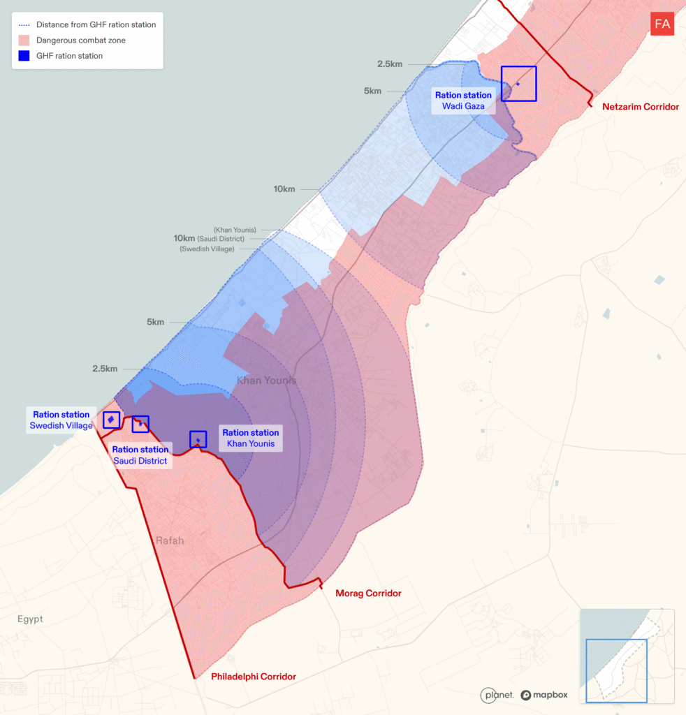 Map showing the distance to the GHF ration stations, indicating the distance Palestinians have to travel to reach the sites.