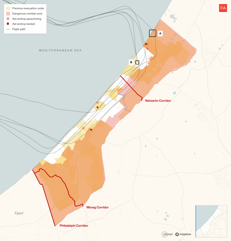 Map of flight paths of planes that provided airdrops of aid in Gaza between 31 July and 1 August 2025