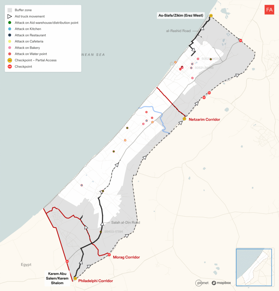 Map of attacks on essential aid infrastructure (including aid warehouses, kitchens, restaurants, cafeterias, bakeries and water points) between 18 March 2025 and 1 August 2025.