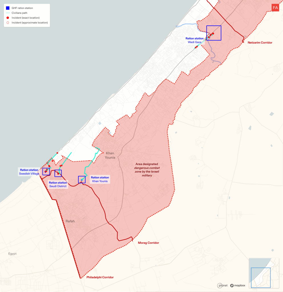 Map of attacks on civilians seeking aid in proximity to the GHF ration stations.
